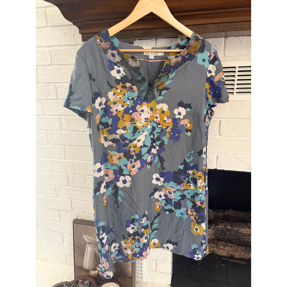 Boden Beaded Floral Silk Blend Shift Dress Blue US 14